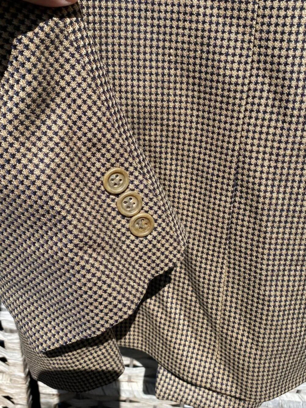 Vintage Pierre Balmain Double Breasted Blazer Houndstooth Brown Black Peak Lapel